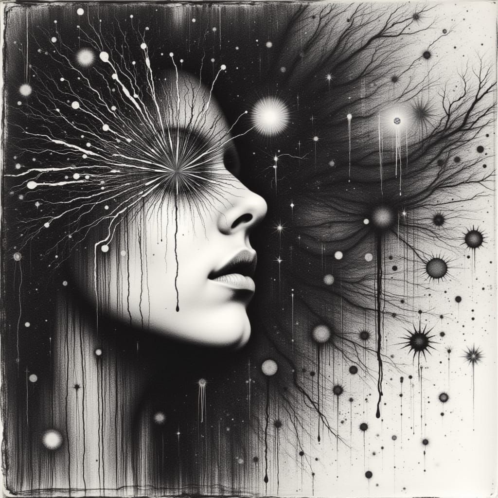 <lora:White And  Shadow:1.0> black and white, mystical and poetic dreamlike Paul Klee, surreal and celestial, etching & delicate aquatint te...