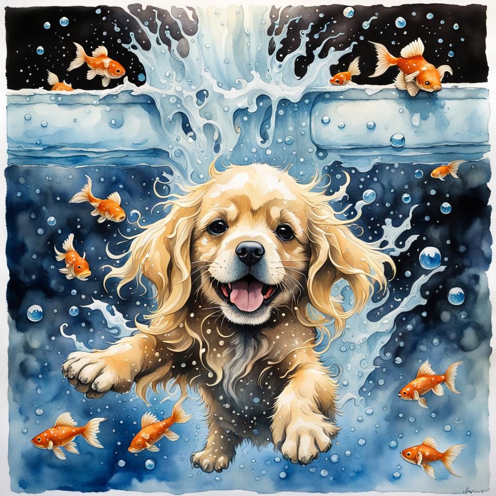 a Golden pup splashing with his golden friends.  by @Terra