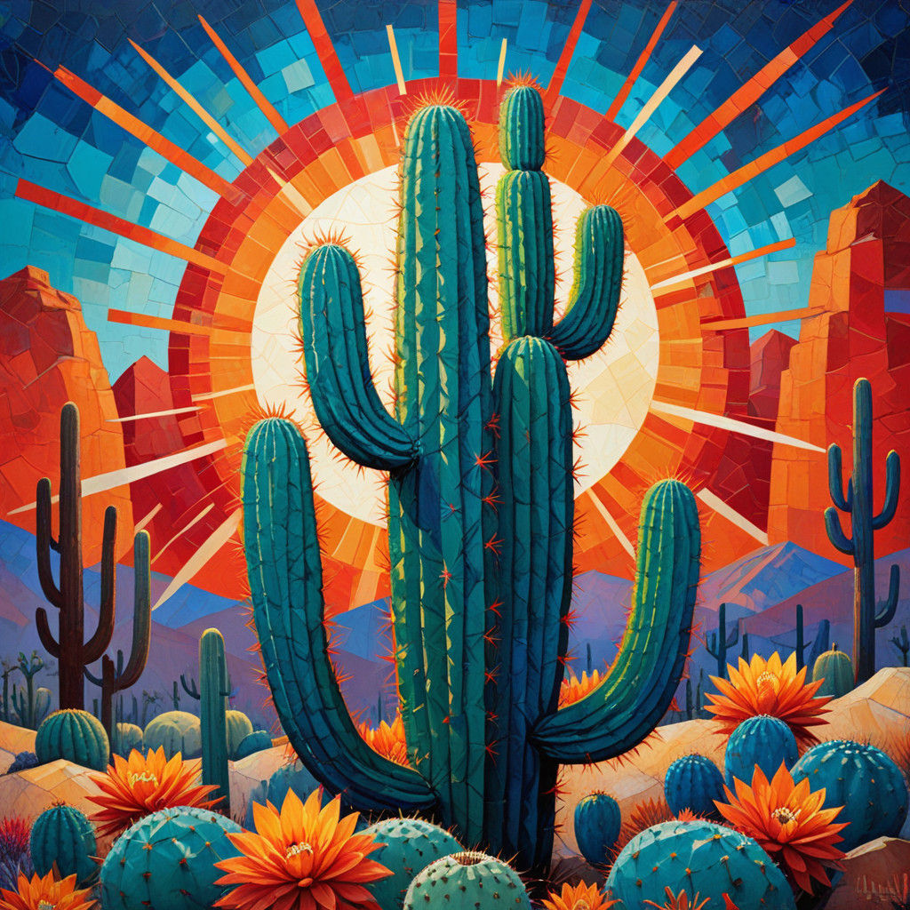 Vibrant Desert Landscape with Geometric Background