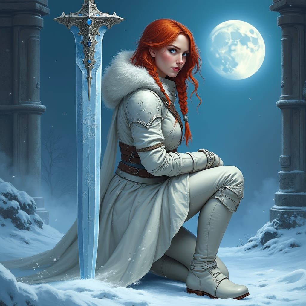 Armored Woman with Blade Under Moonlight