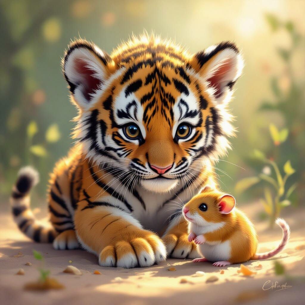 Tiger Cub Plays With Hamster, Whimsical Digital Art