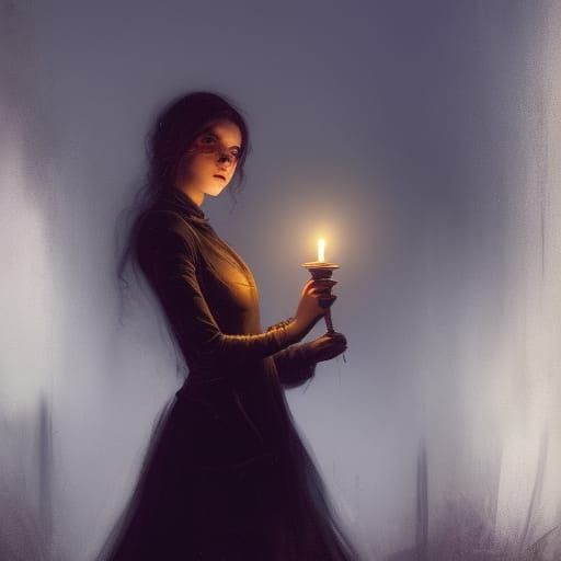 young woman, victorian, holding a candle, creepy, dark, horr...