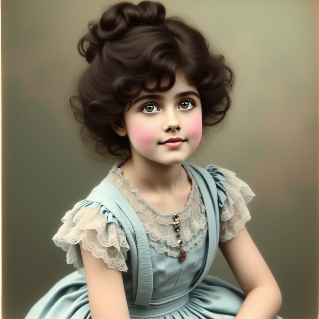 <lora:Flux Gibson Girl:1.0> beautiful ethereal dark haired Gibson girl posing for a portrait, soft blue dress, softly smiling, colorized vi...