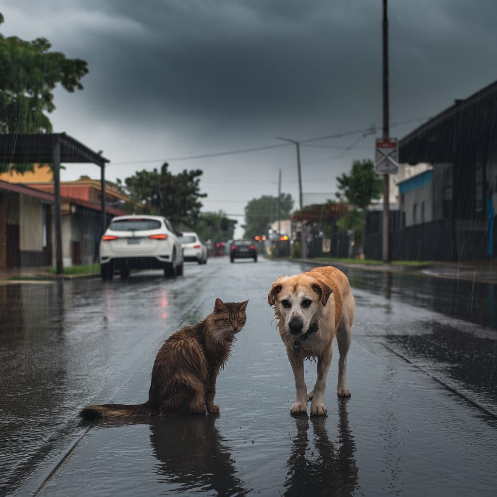 Cat and Dog in the Rain on City Street