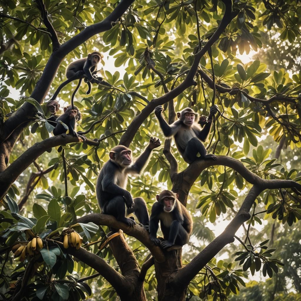 Monkeys in Tree Eating Bananas: Wildlife Photography