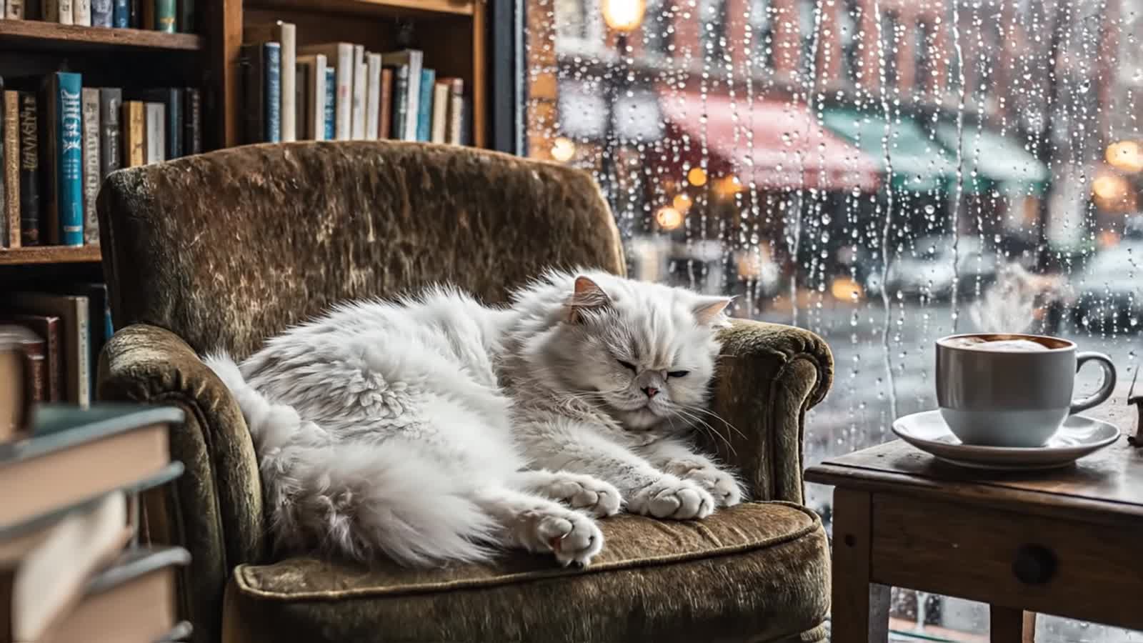 An antique, slightly cluttered bookshop cafe on a rainy afternoon. A fluffy white cute cat sleeps peacefully on a worn a...