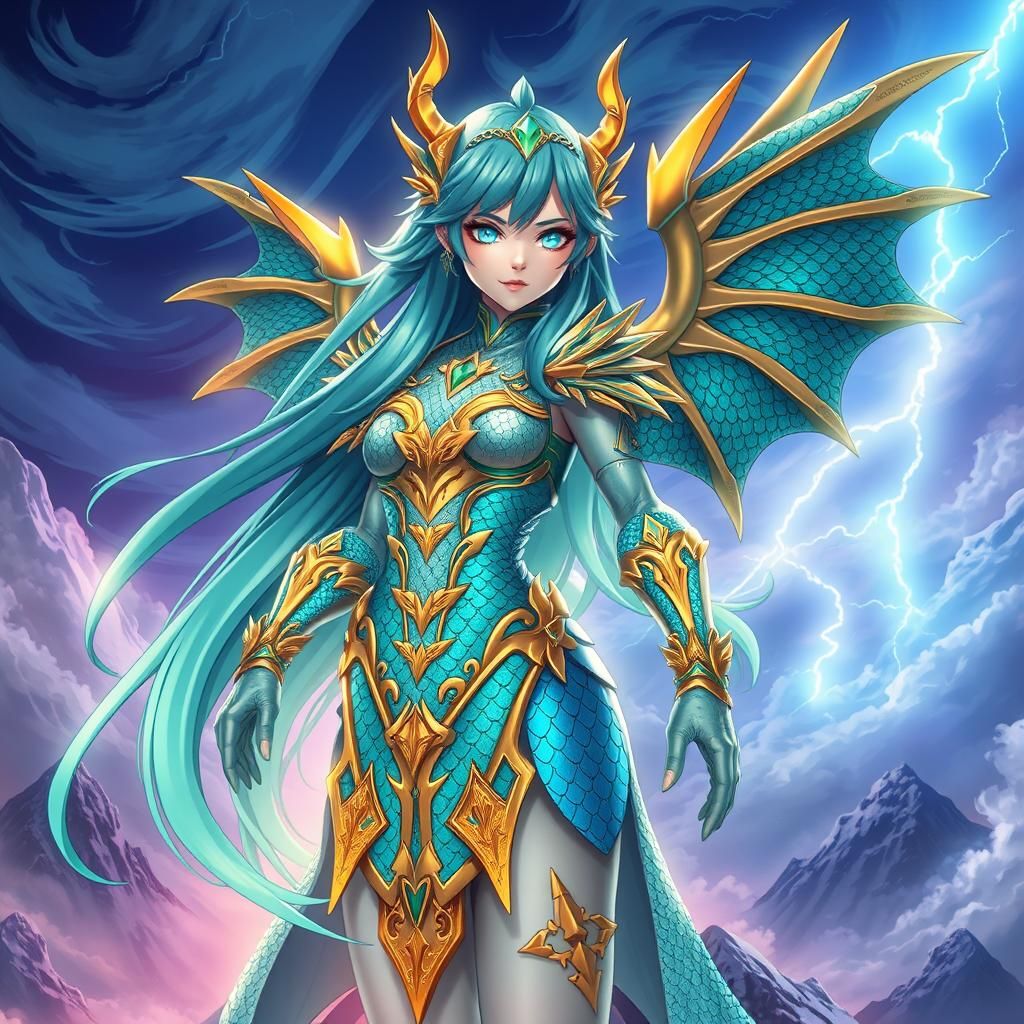 Dragon Girl in Anime Style with Teal Armor