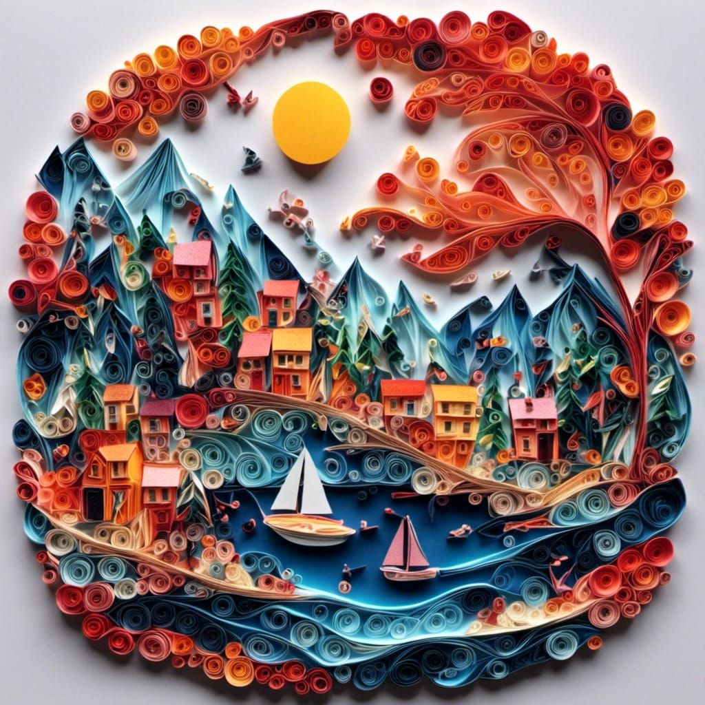 A sunrise over a marina <lora:Quilling:1.0> 