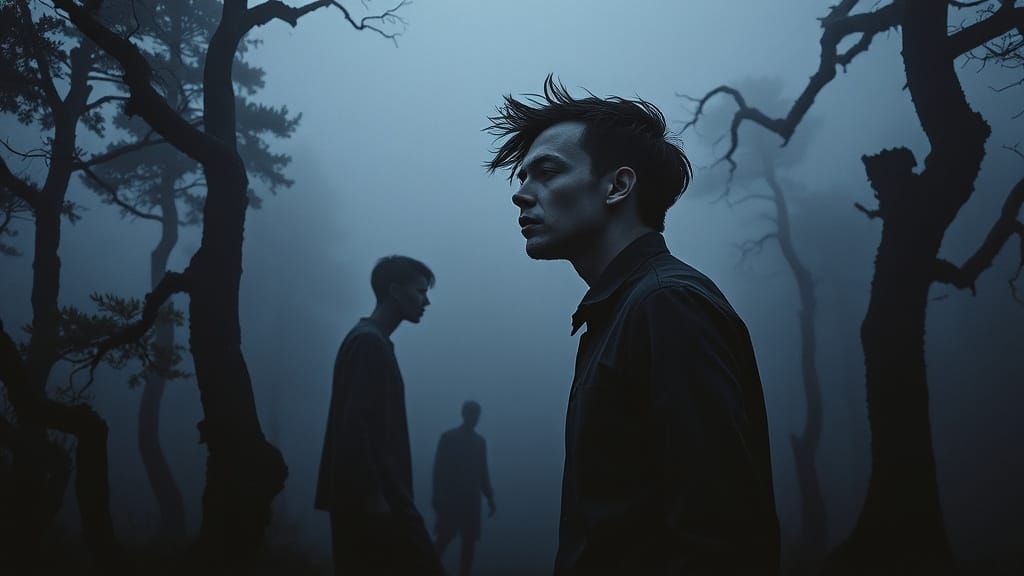 Dark horror foggy forest at dusk, twisted pine trees fading into dense mist, humanoid silhouettes half-seen in the fog with stretched, disto...