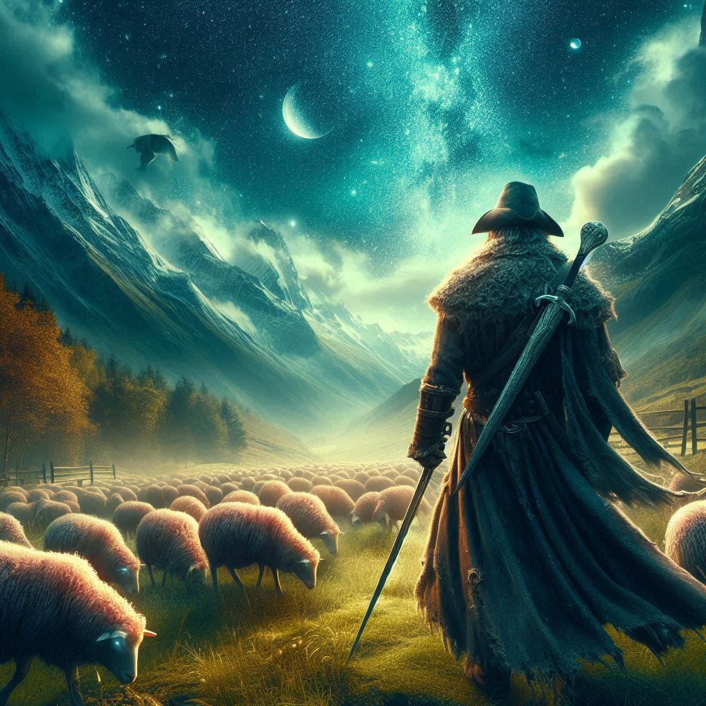 Shepherd watching over sheep
