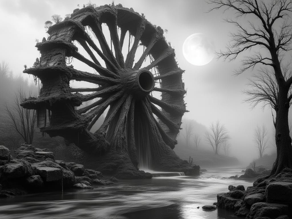 <lora:Double BlackWhite v1:1.0> Photorealistic black and white illustration: A gigantic, fantastical waterwheel towering over a flowing rive...
