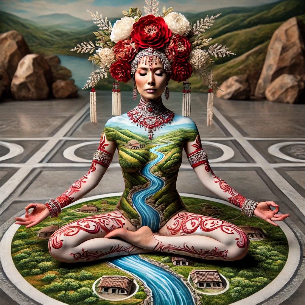 woman in a meditation pose with the artistic fusion of natur...