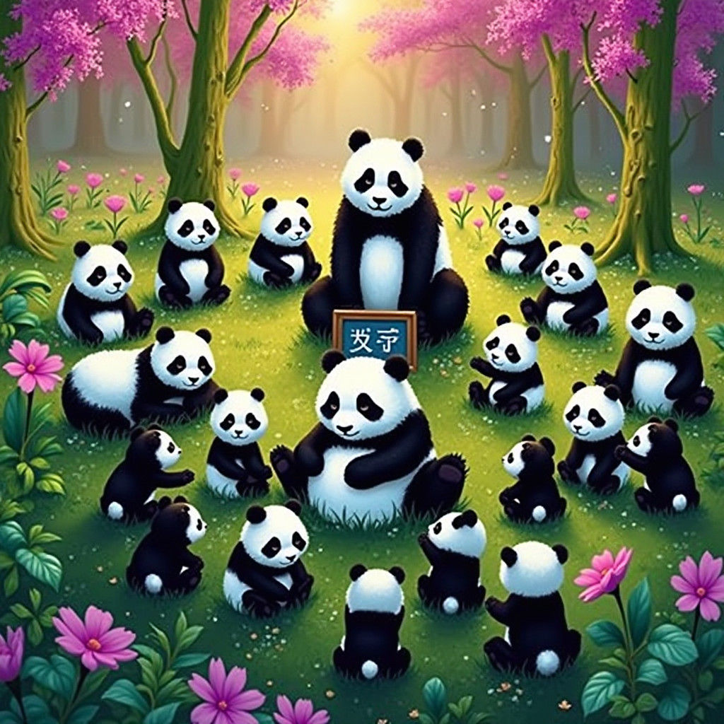 Panda Cubs Learning in Enchanted Garden, Kinkade Style