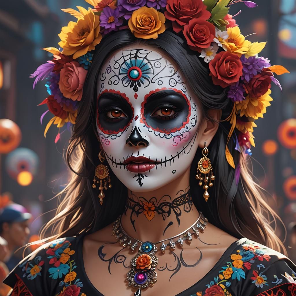 Medium Shot Of A Beautiful Woman Wearing Colorful D A De Los Muertos Uck0tdRVSX4uOwbU83Vw 1 San2i