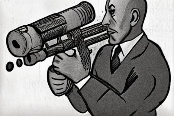 Bald man holding a minigun