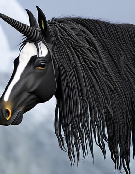 3D beautiful black single horn, dreadlock mane, unicorn with...