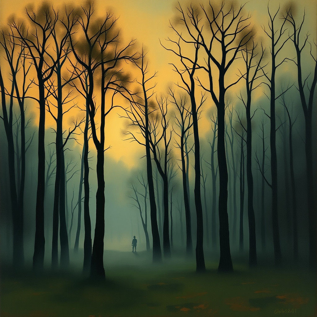 A moody, atmospheric landscape painting