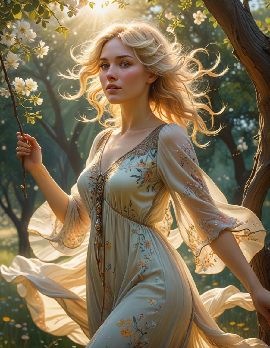 Beautiful lady with lustrous long honey blonde hair in loose curls. She has dark eyes and a very cheeky expression. She is upside down, swin...