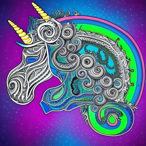 adorable, side view of unicorn realistic spiral horned large...