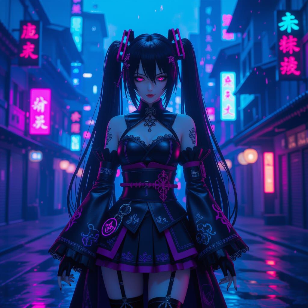 Gothic Miku in Cyberpunk Cityscape
