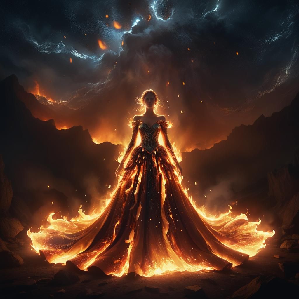 woman huge magical legendary fiery flaming dress at dark night
