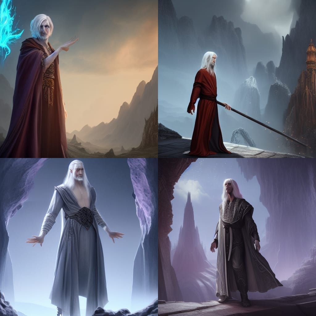 Tall elvan sorcerer with silver hair and pale skin wearing a...