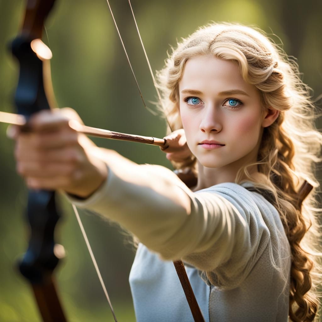Pretty, slender strong teen female archer, pale blue/Grey ey...