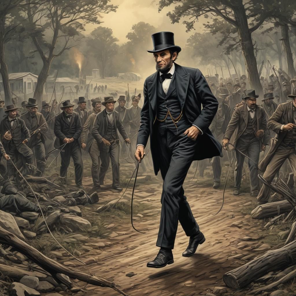 Abe Lincoln strolling through a battlefield.
