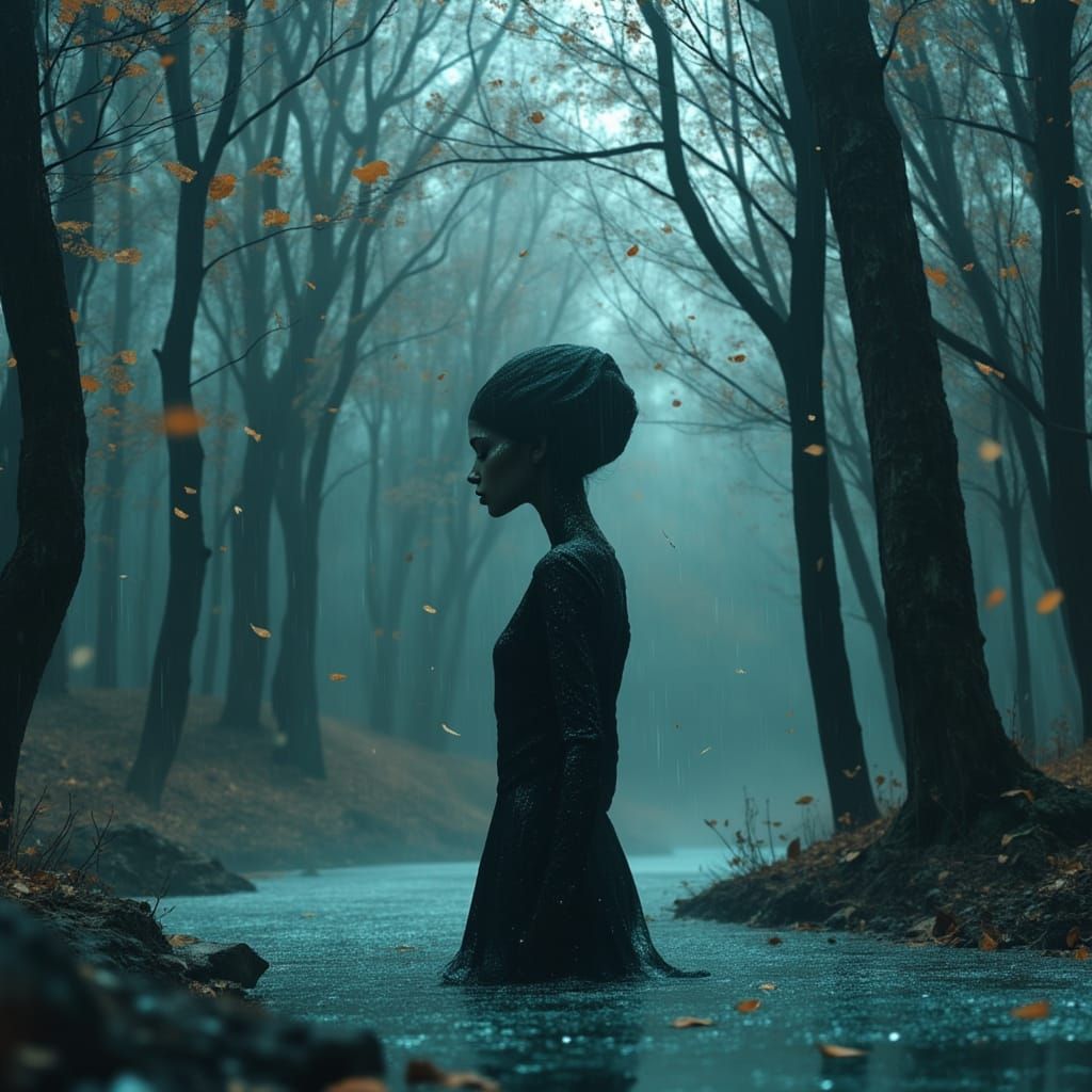 <lora:DreamweaverFlux:1.0> full body! extreme long shot, 14k, incredible detail, a female being with an entirely black obsidian reflective s...