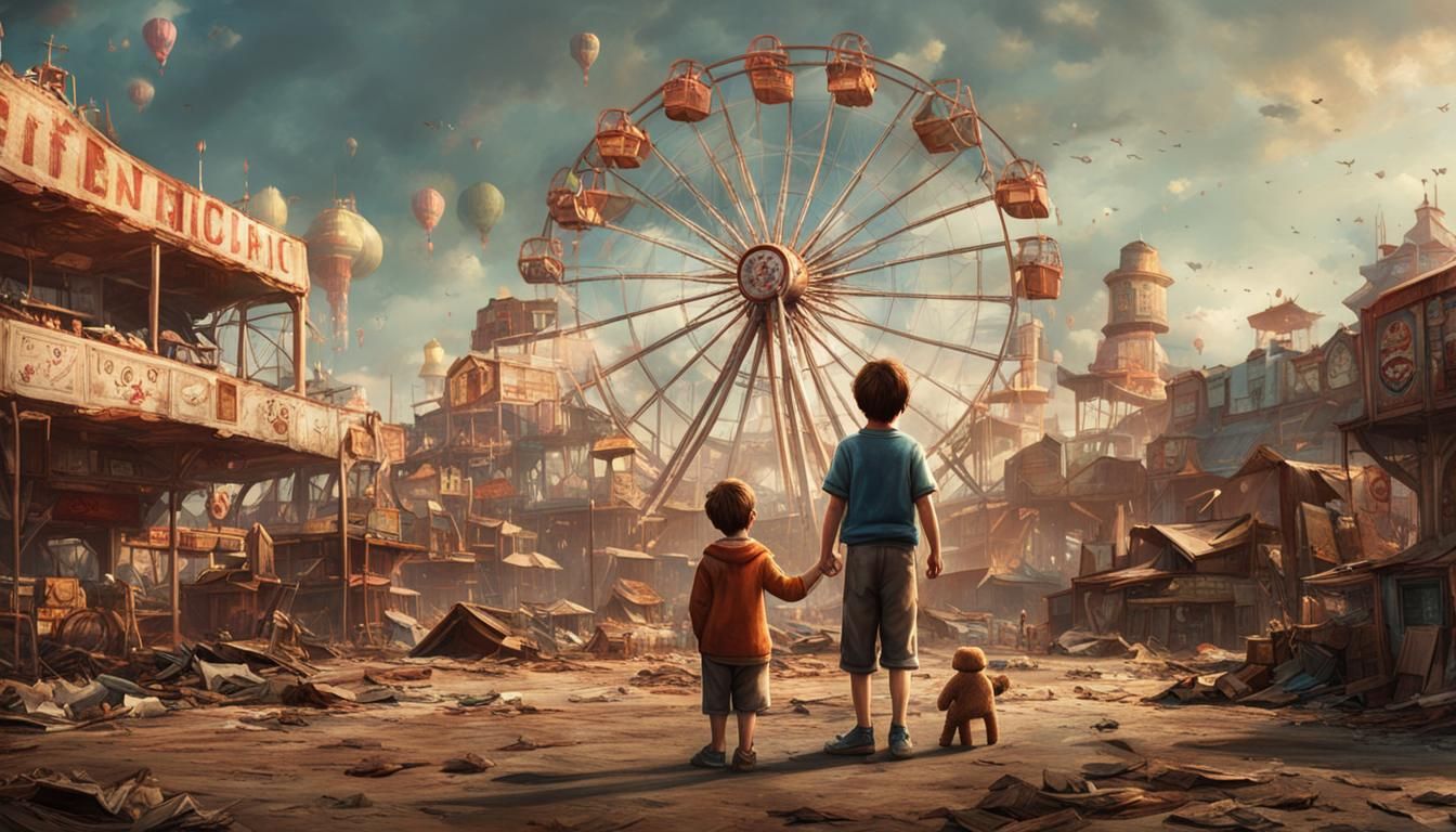 An amusement park after the nuclear war, with a ferris wheel in the middle, a desolate scene, a little ...  by @YES