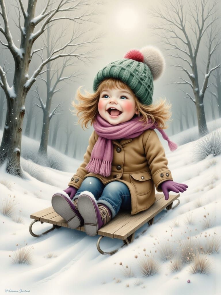 Child Sledding Down Snowy Hill in Fairytale Style