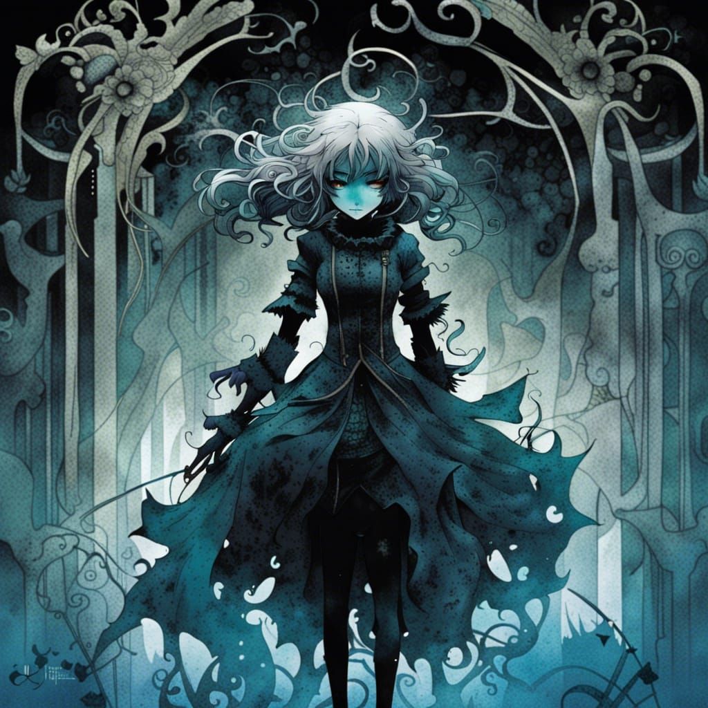 ice labyrinth, shadowy, misty, art nouveau, dark, tetradic colours, in