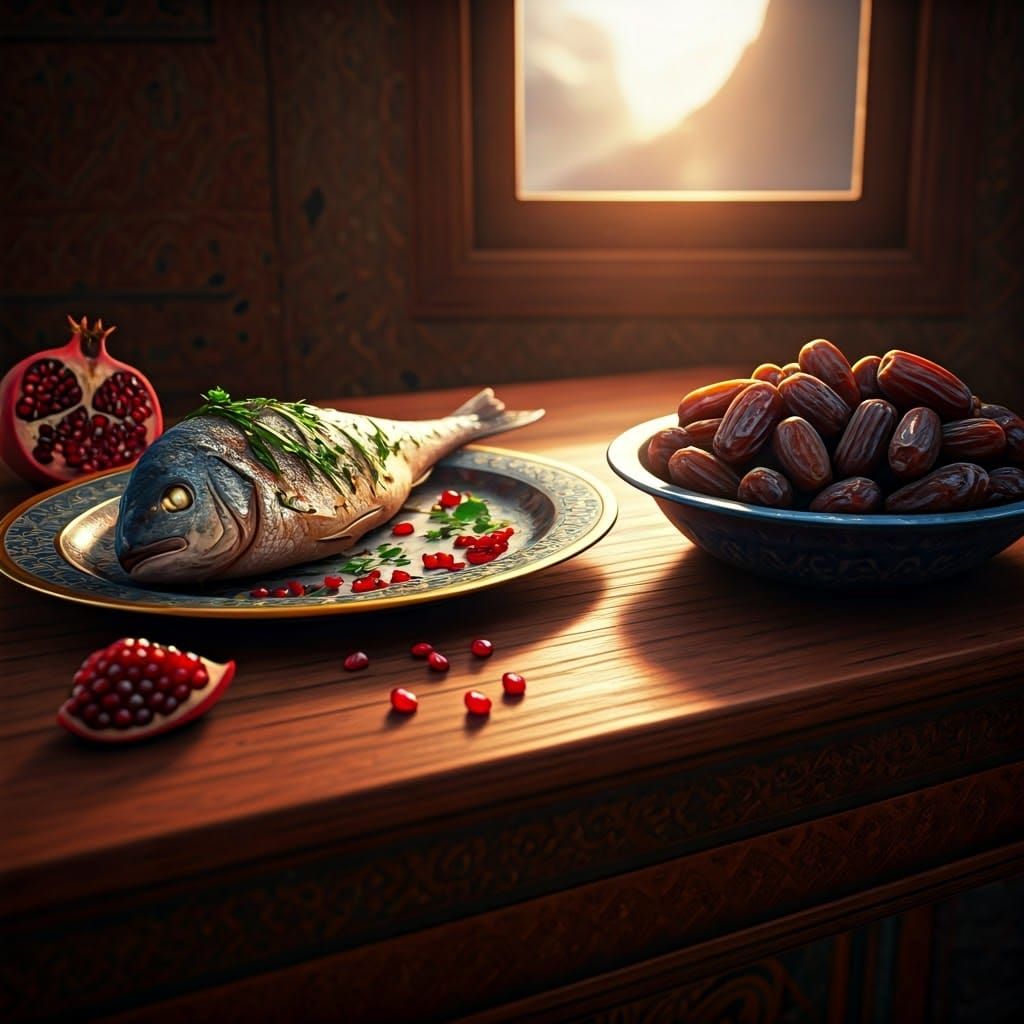 Sunlit Table with Pomegranates and Roasted Fish