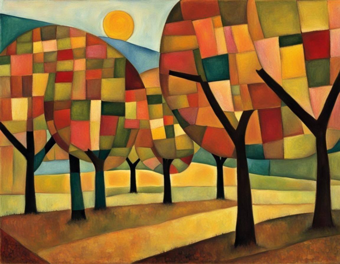 an apple orchard in the manner of Paul Klee, fall colors, mi...