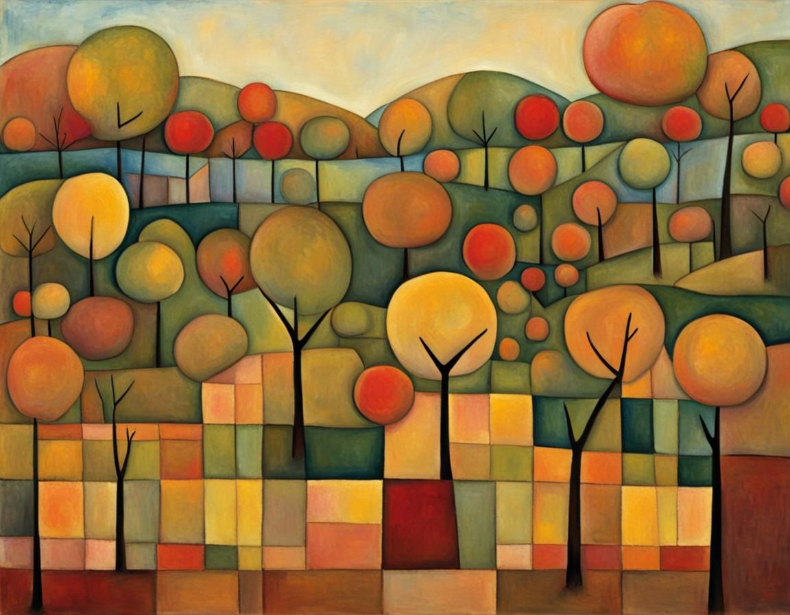 an apple orchard in the manner of Paul Klee, fall colors, mi...