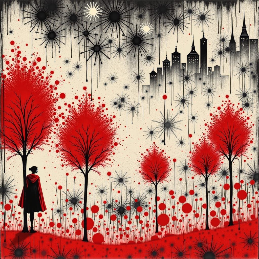<lora:TriXy3:1.0> Banksy Oil painting in red black and white  haunting, exploration of identity