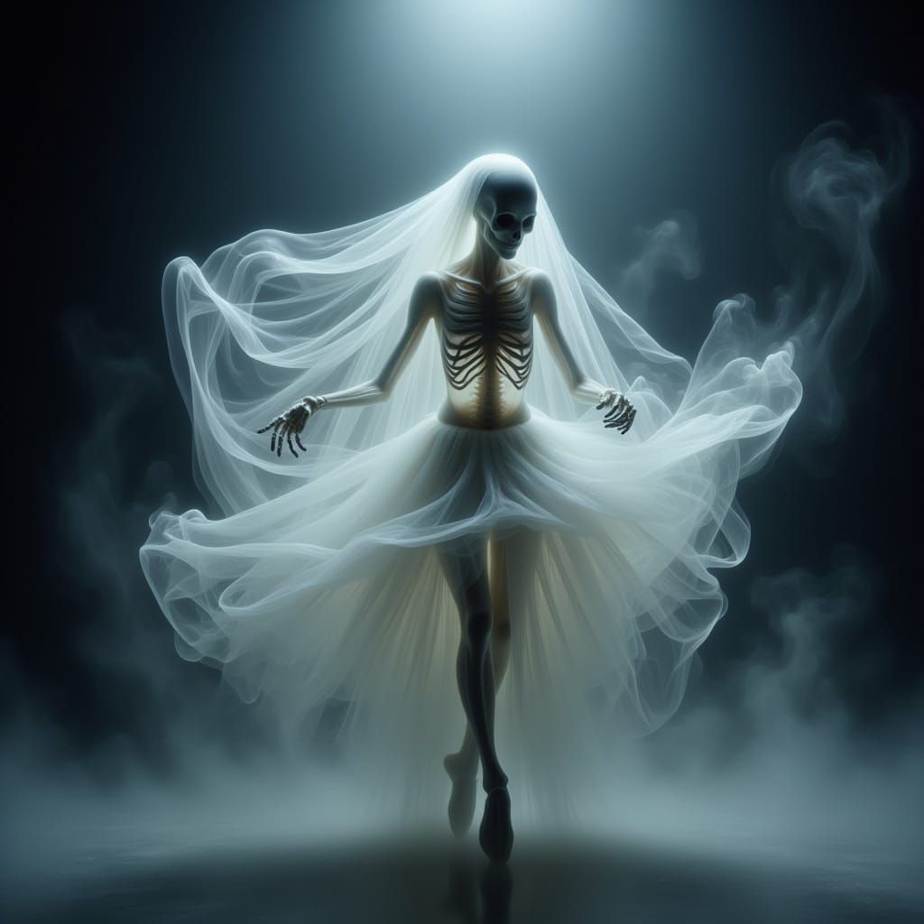 <lora:Dreamt Enchantment:1.0> A hauntingly beautiful and surreal scene of a skeletal ghost ballerina gracefully emerging from a swirling mis...