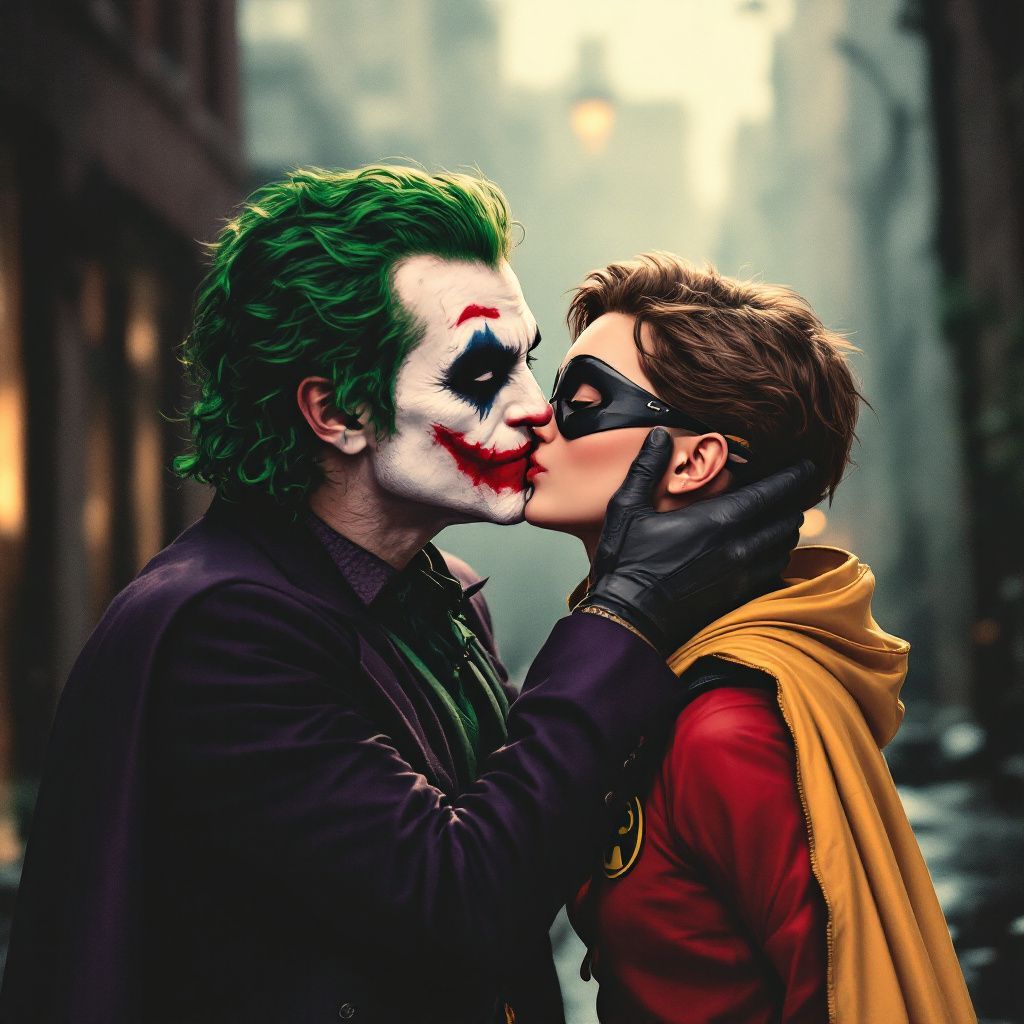 joker taking pictures of batman and robin kissing innocently