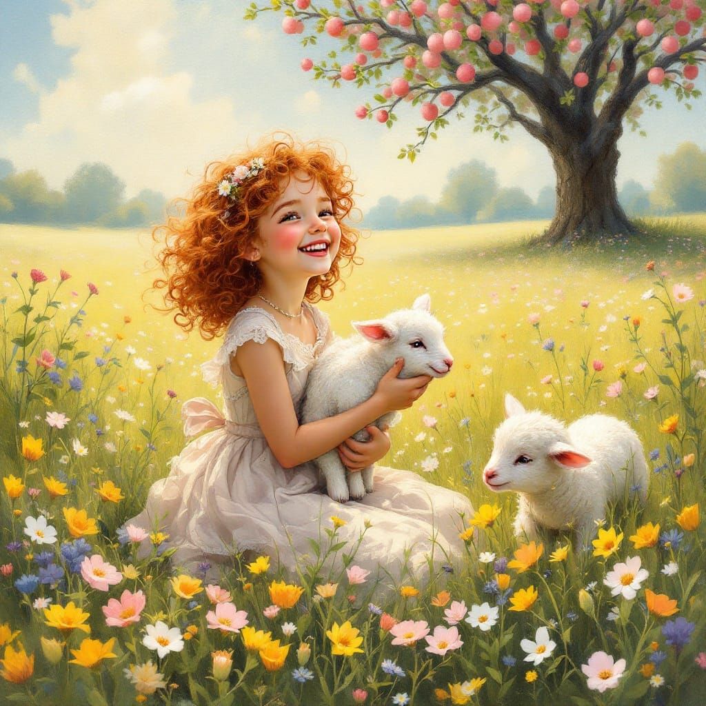 Beautiful pastoral scene, serenity, adorable little girl in a vintage dress, red curly hair laughing ...  by @Lizzy