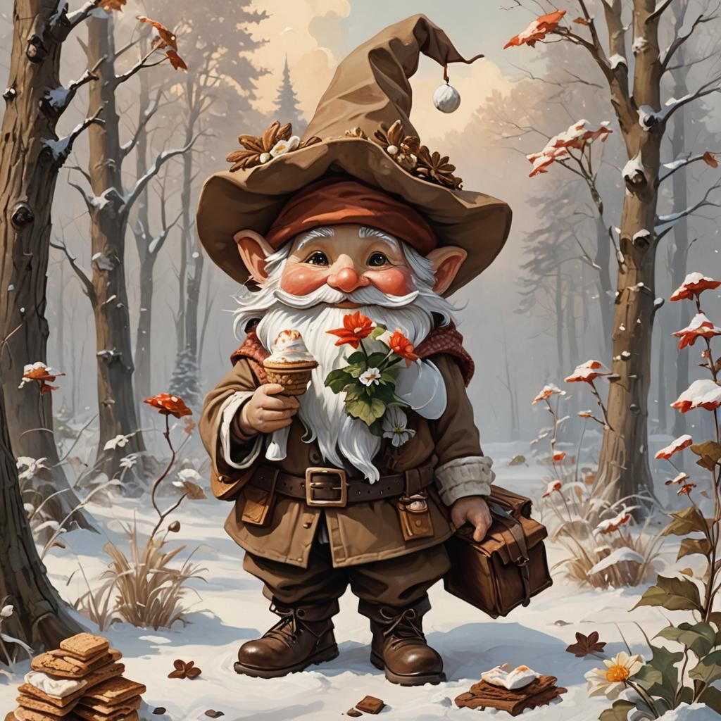 "An adorable gnome with a large, floppy hat adorned with a f...