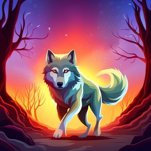 High psychic wolf running in psychedelic woods