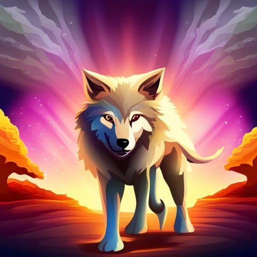 High psychic wolf running in psychedelic woods