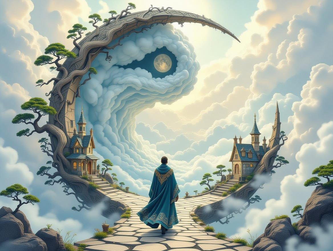 A magnificent surreal scene within a cracked open half-circular yin-yang ancient stargate. The edge of the circle is decorated with twisted ...