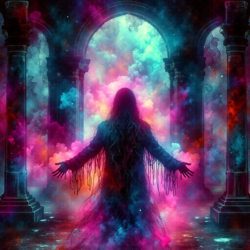 <lora:HRH-neon-grunge:1.0> An ancient figure reborn in neon hues, their prophetic visions displayed as shifting digital holograms amid a rui...