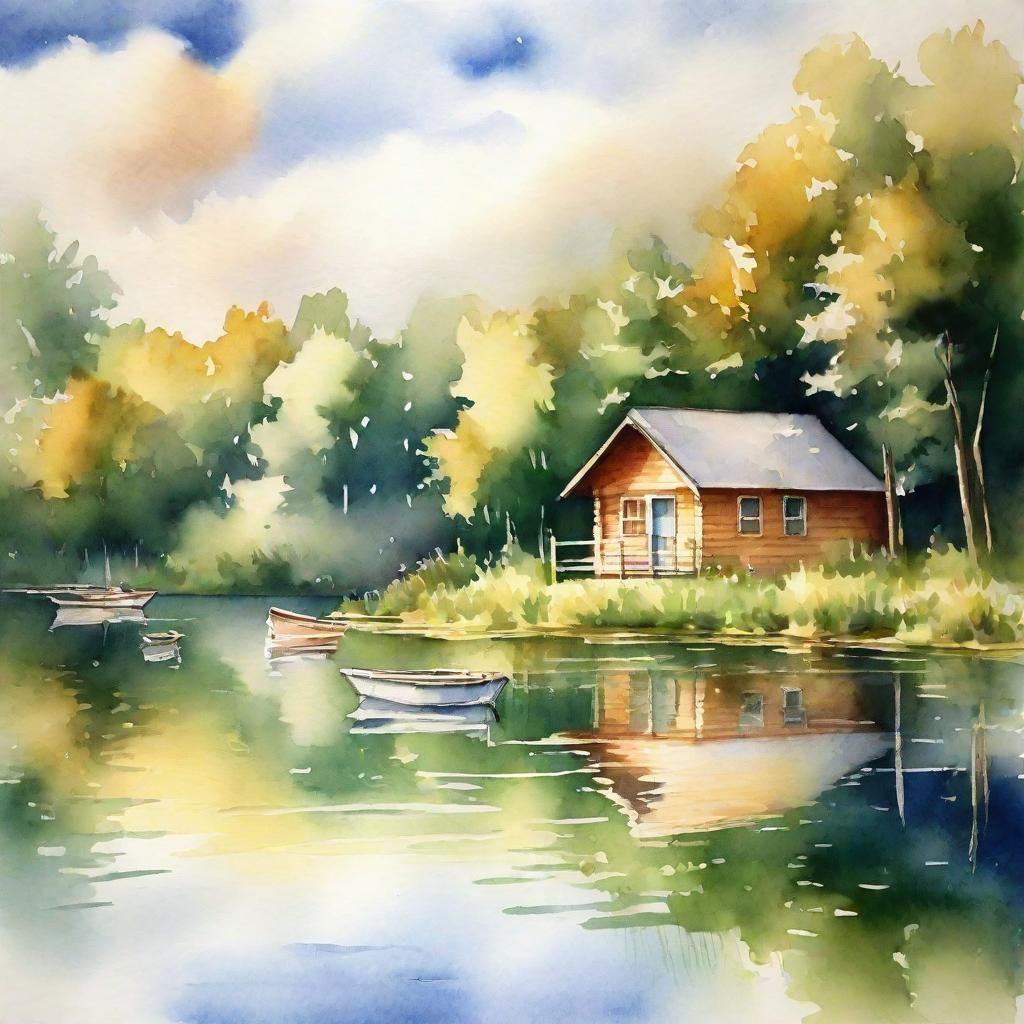 Watercolor Lake Scene with Garden and Boats