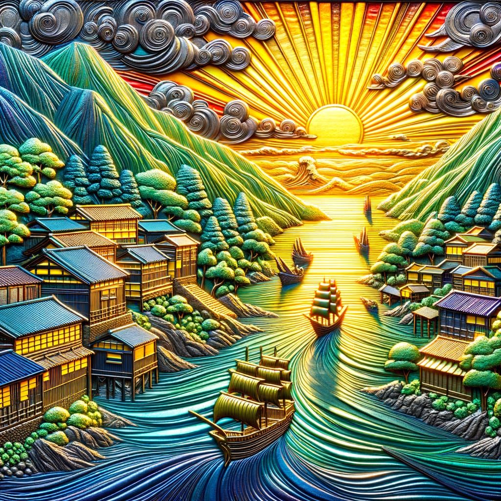 Japanese Mountain Village at Sunrise Embossed Metal Art