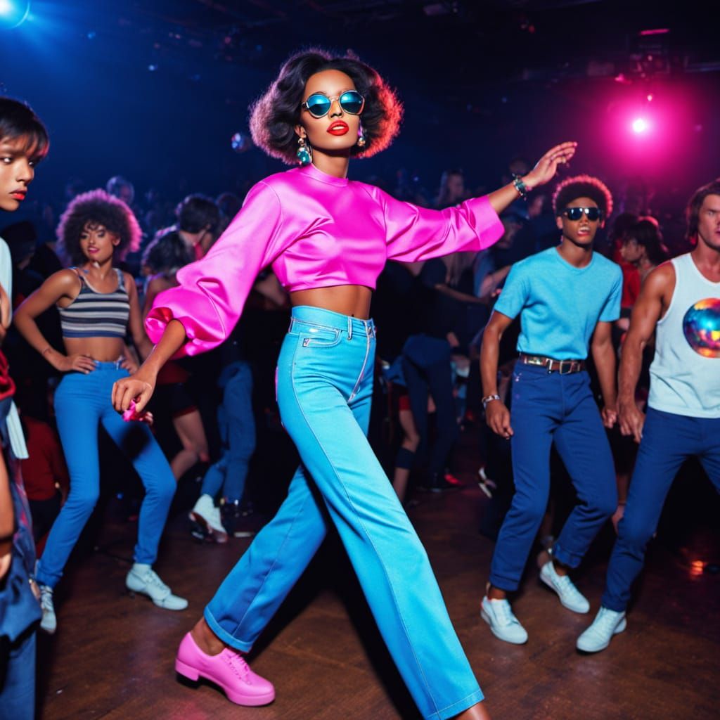 une femme habillée avec des vêtements à la mode des années 90. En discothèque