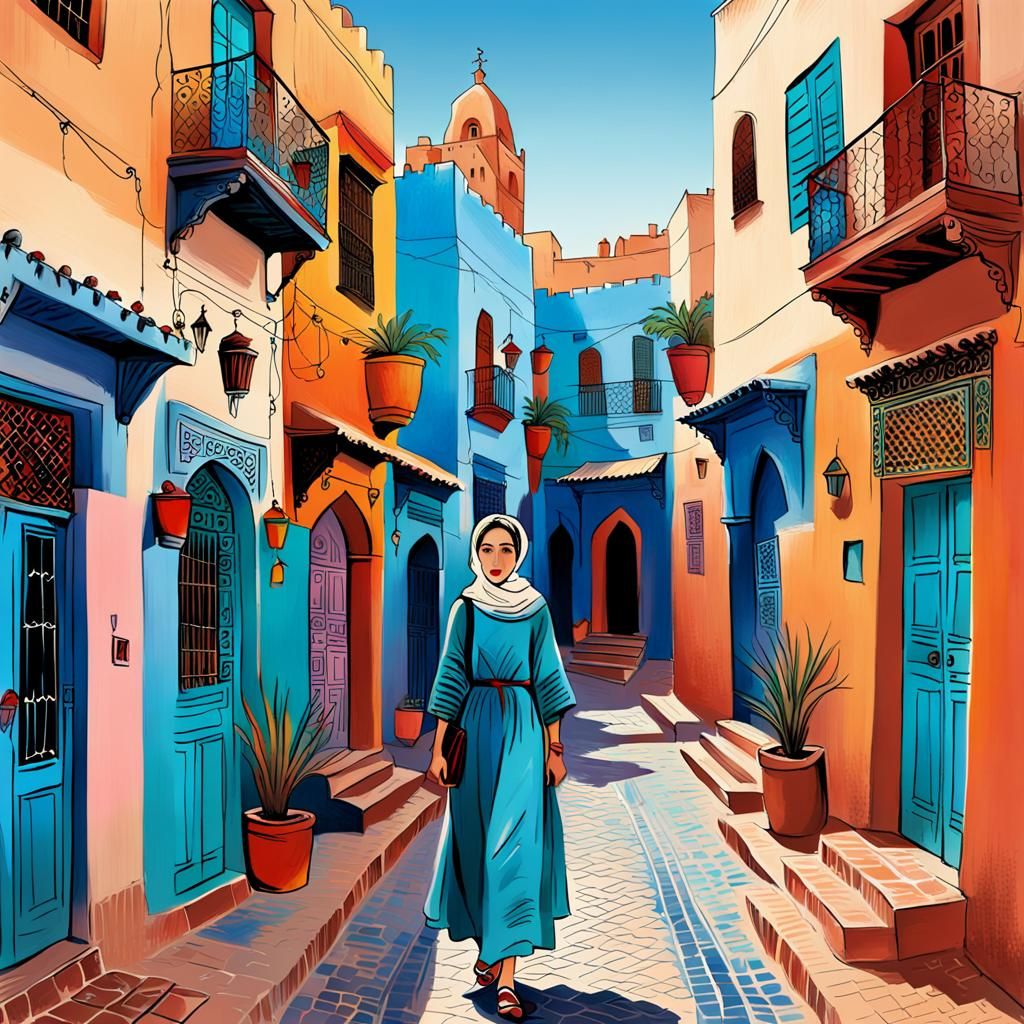 Whimsical Moroccan Streetscape with Abstract Portrait