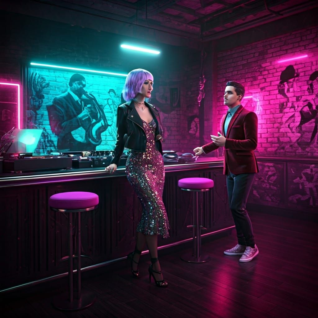 Futuristic Flapper in Neon Art Deco Speakeasy