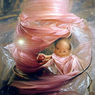 a baby with a halo wearing a pink silk gown